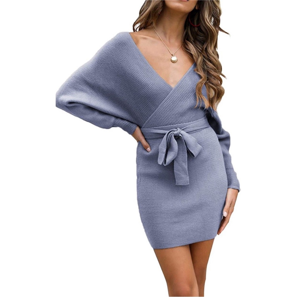 Dusty Blue wrapped knit Sweater Dress